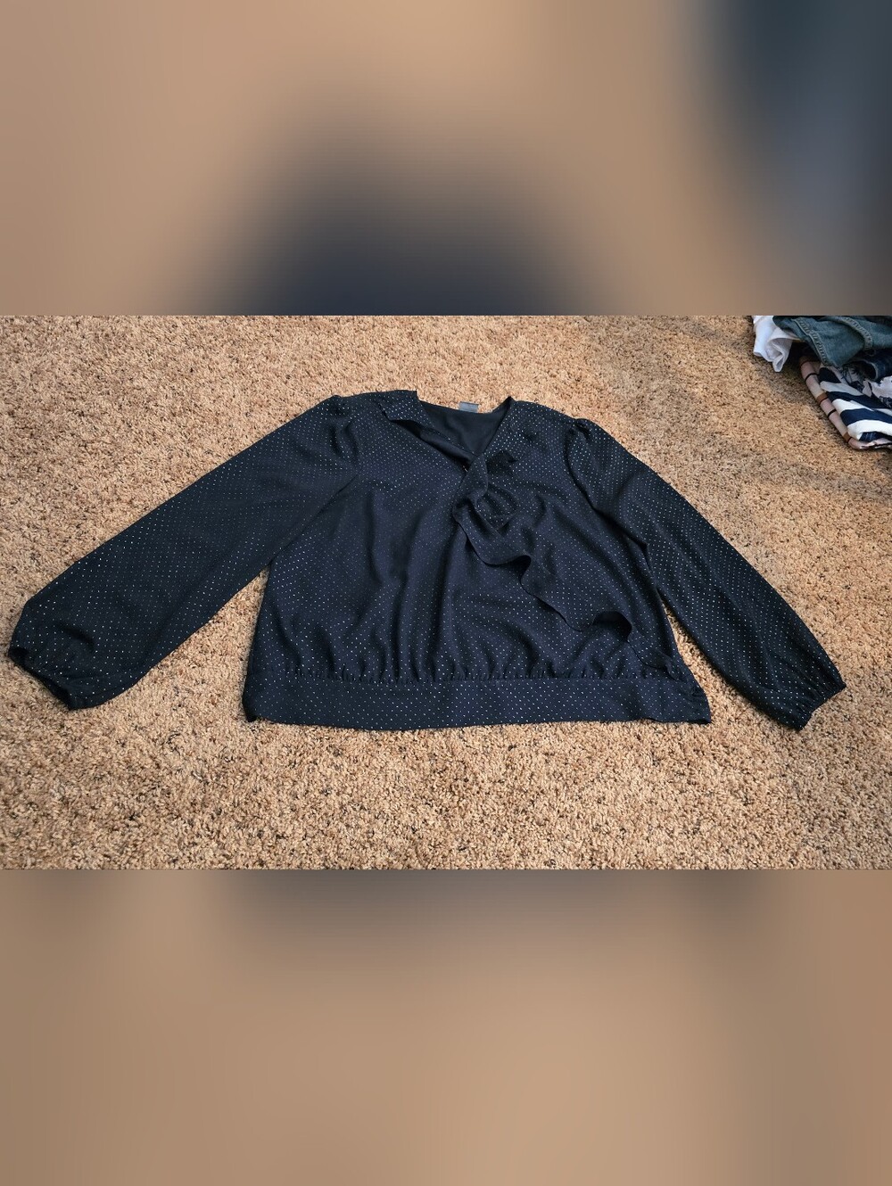 New York & Company Navy Dot Ruffle Blouson Long Sleeve Top